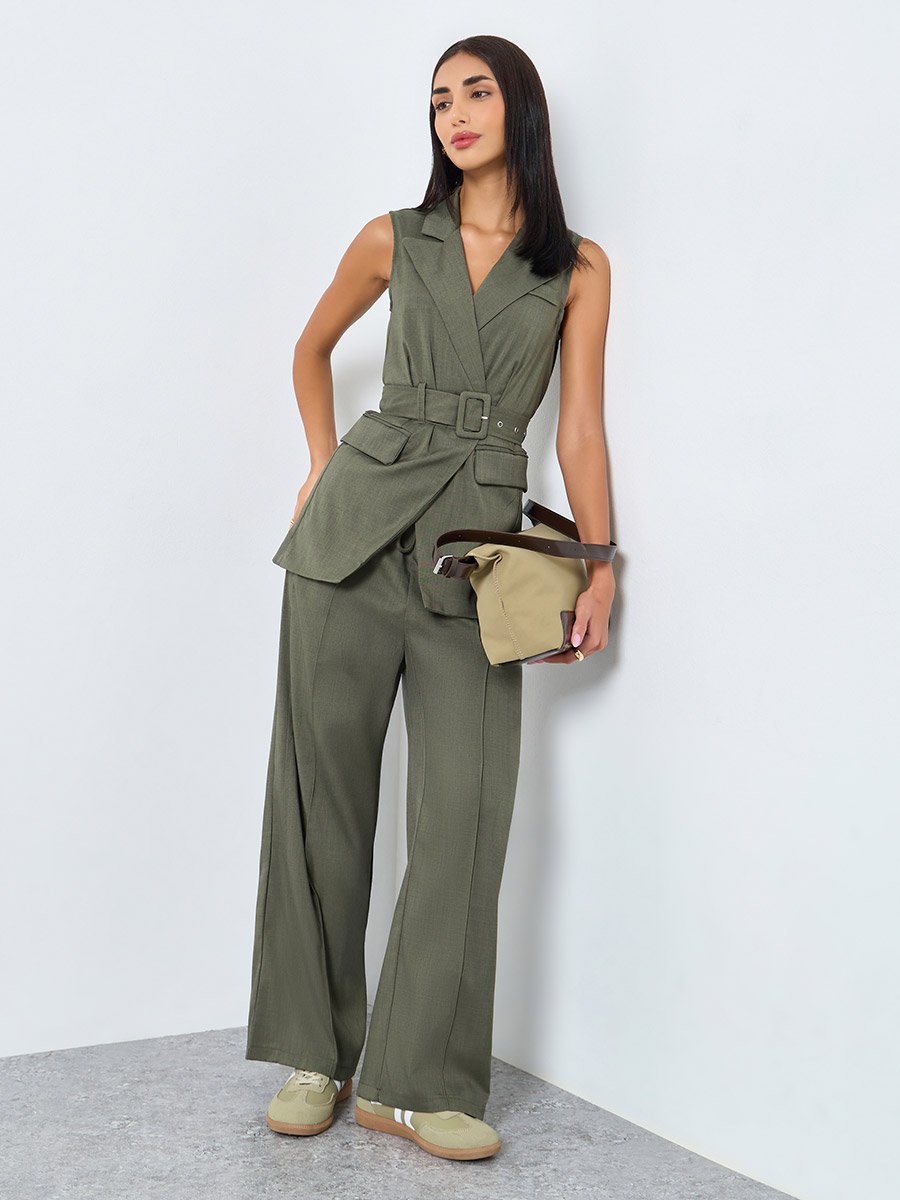 Olive Longline Belted Sleeveless Waistcoat