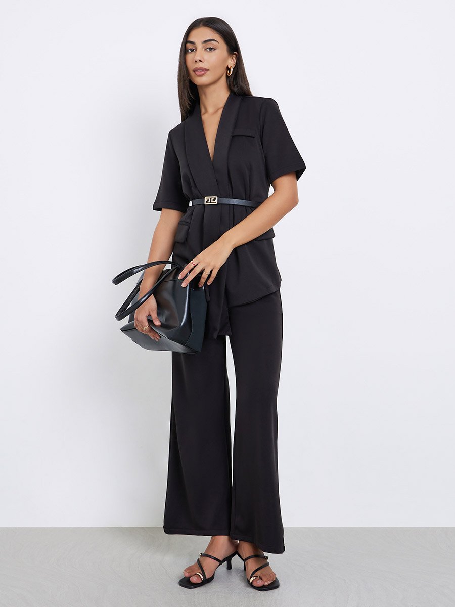 Black Longline Belted Blazer with Shawl Collar