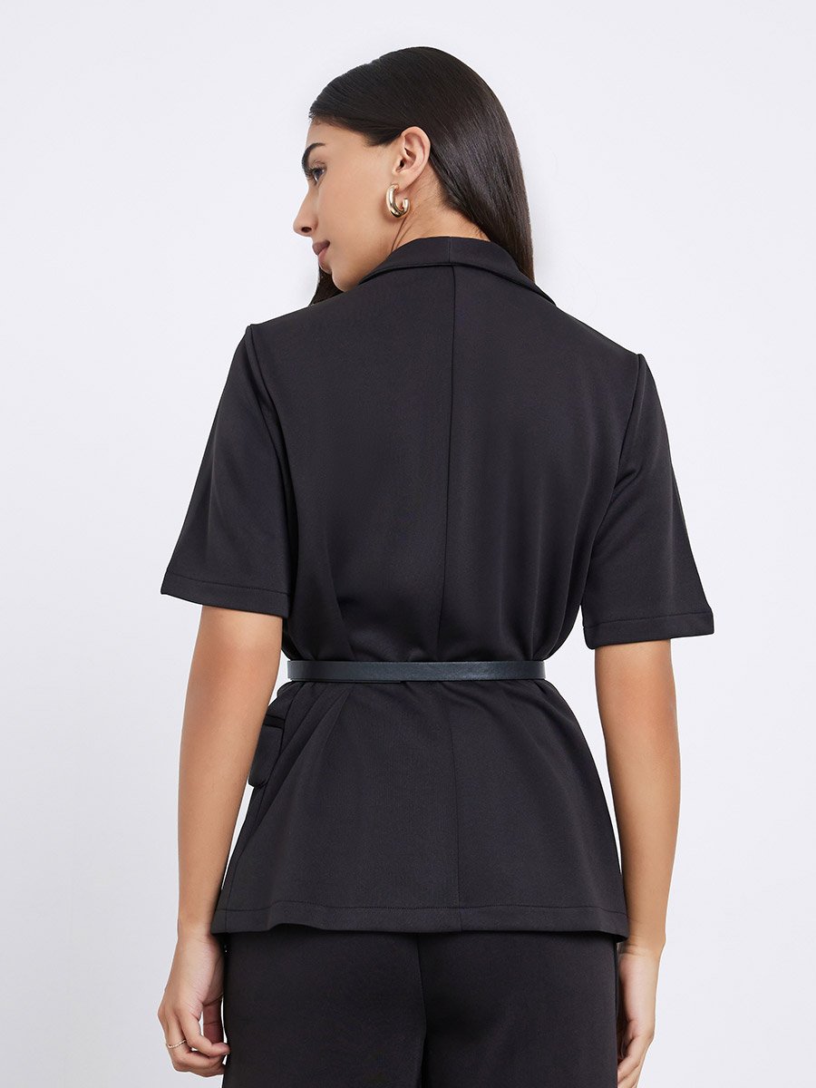 Black Longline Belted Blazer with Shawl Collar