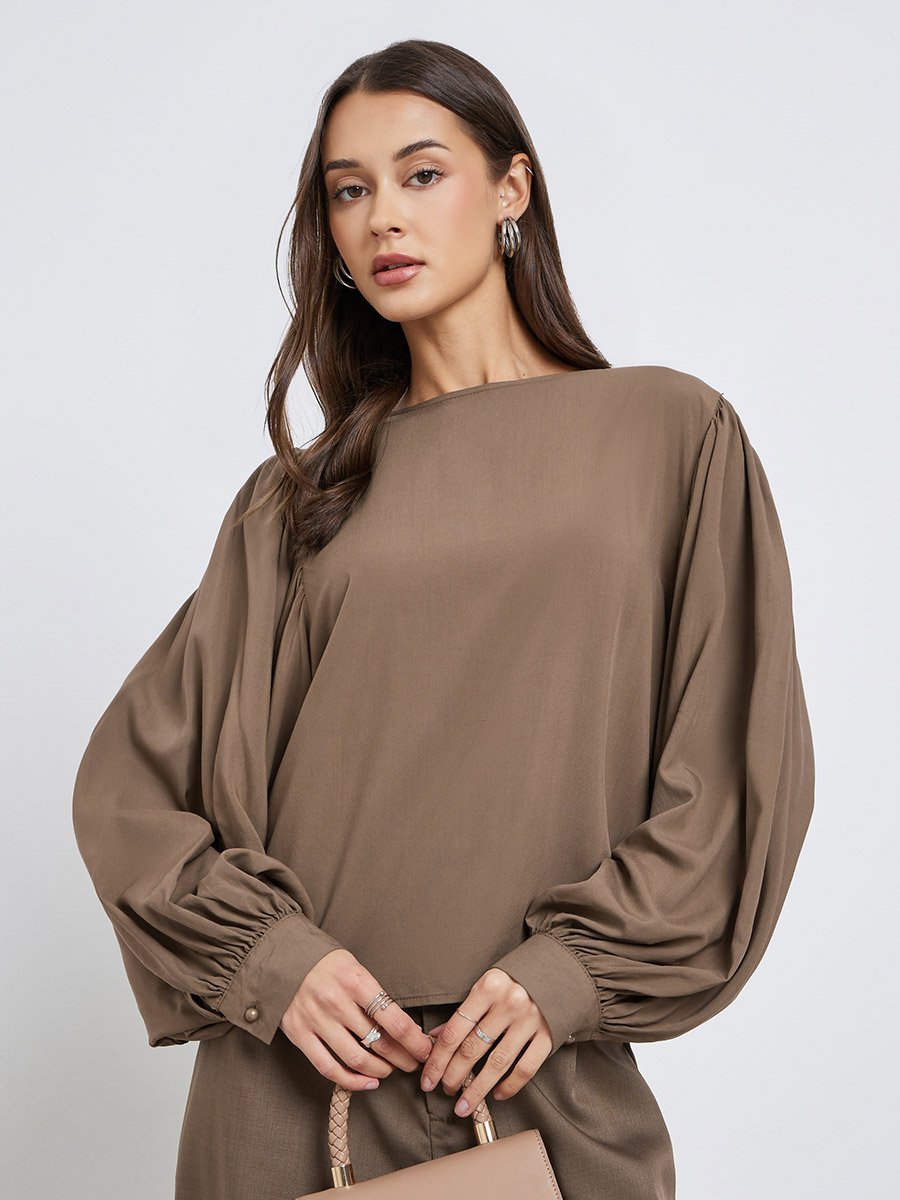 Brown Balloon Sleeve Blouse