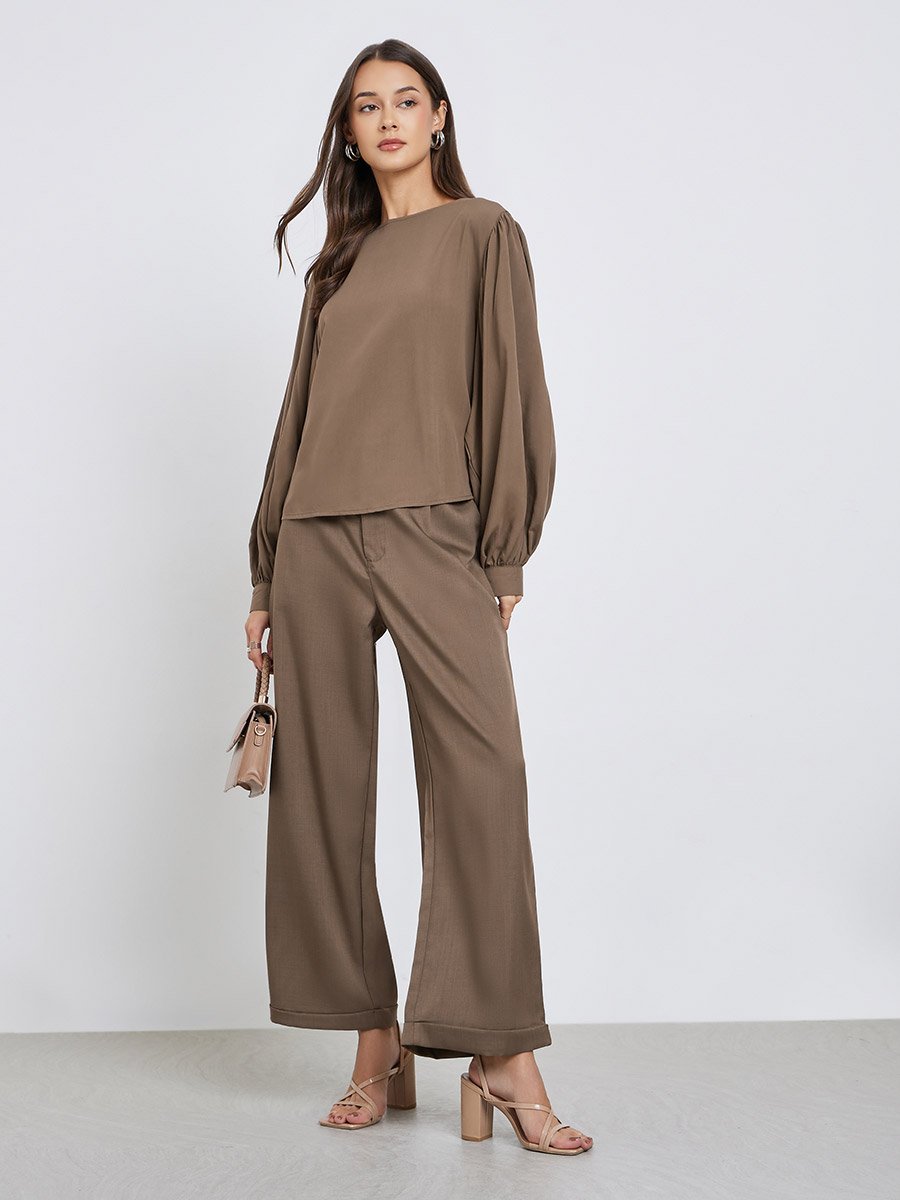 Brown Balloon Sleeve Blouse