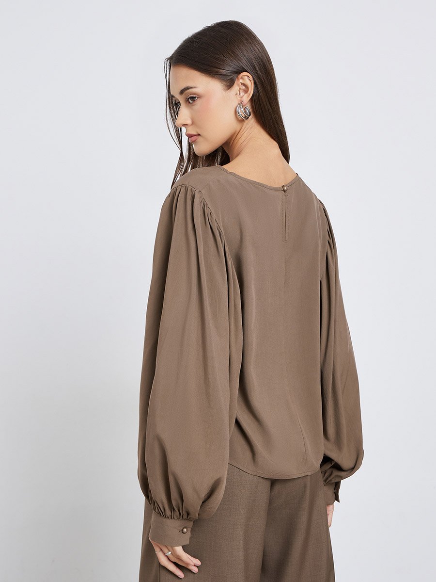 Brown Balloon Sleeve Blouse