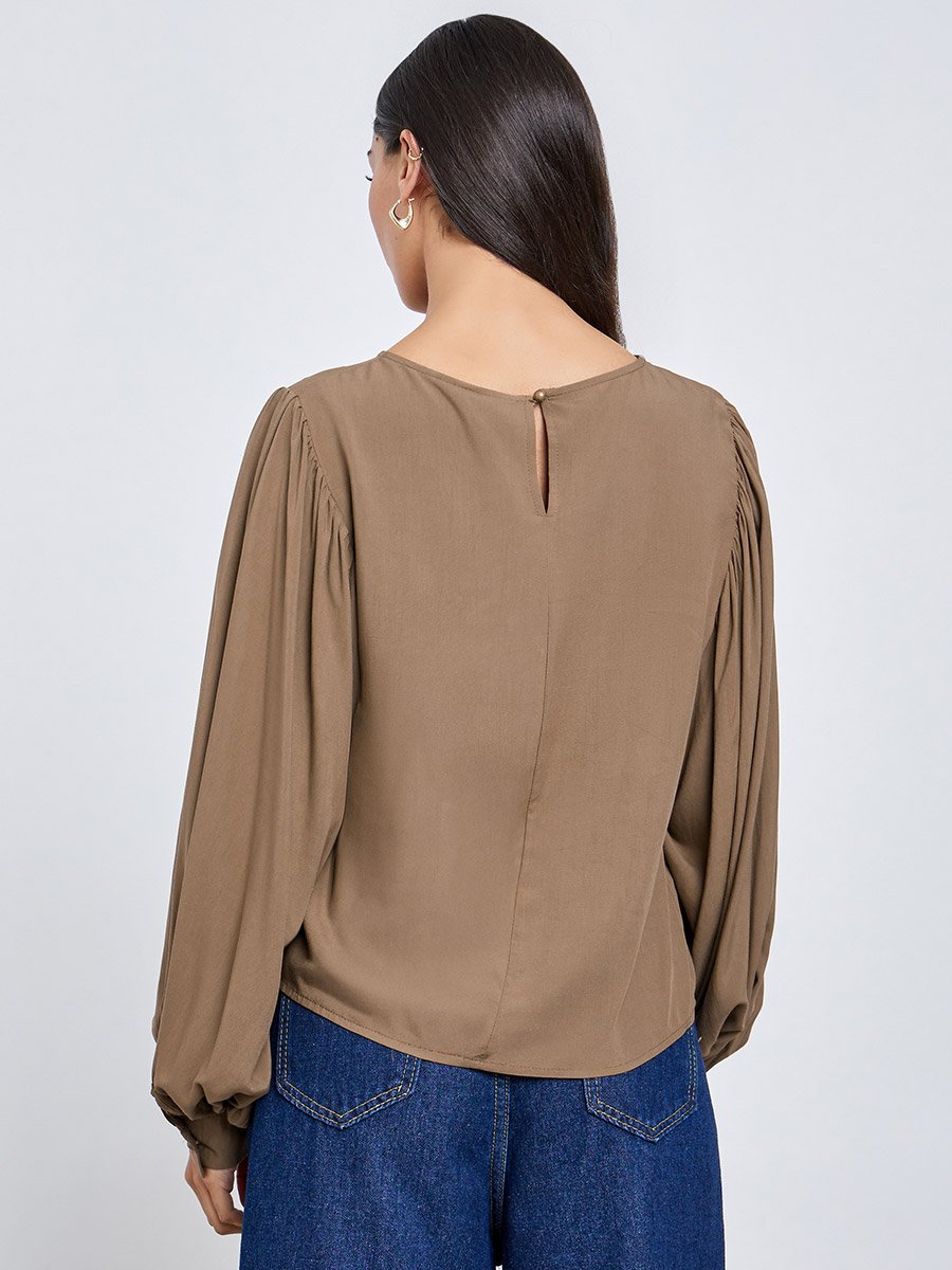 Brown Balloon Sleeve Blouse