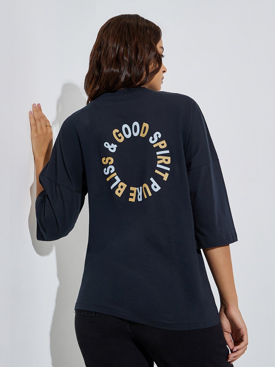 Navy Blue Slogan Print Oversized Cotton T-Shirt