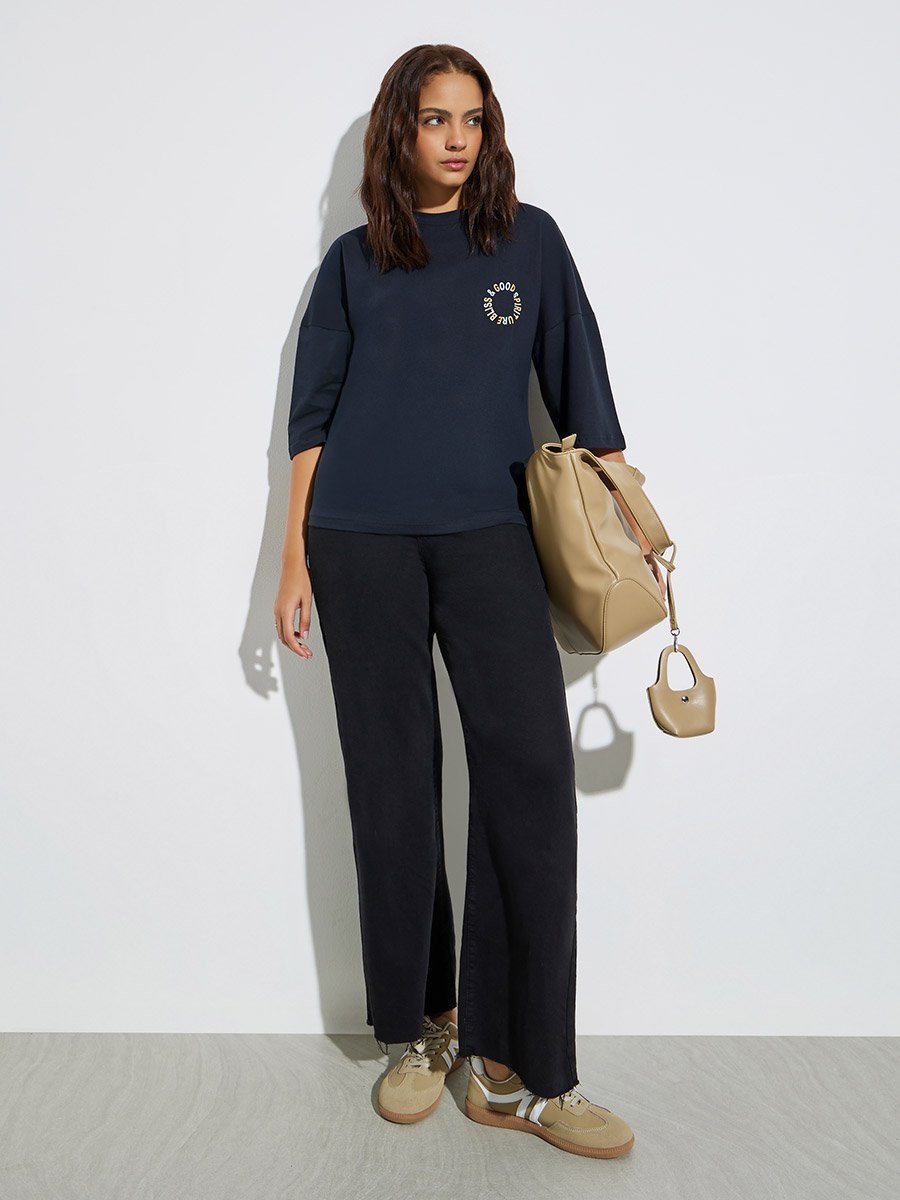 Navy Blue Slogan Print Oversized Cotton T-Shirt