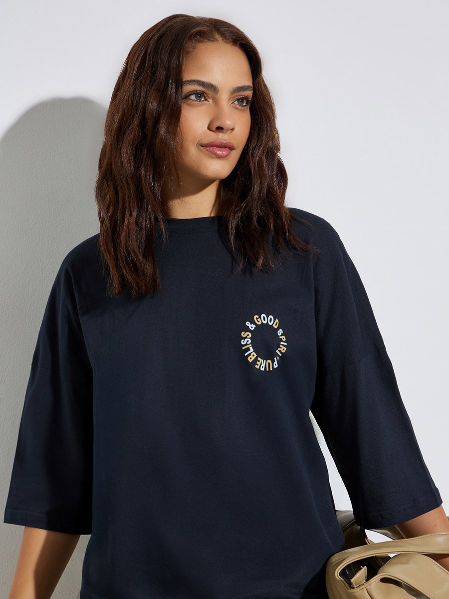 Navy Blue Slogan Print Oversized Cotton T-Shirt