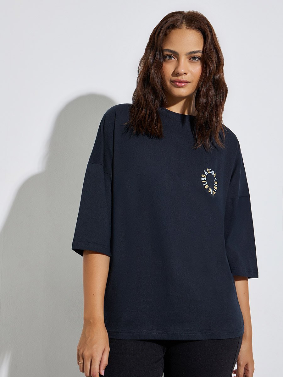Navy Blue Slogan Print Oversized Cotton T-Shirt