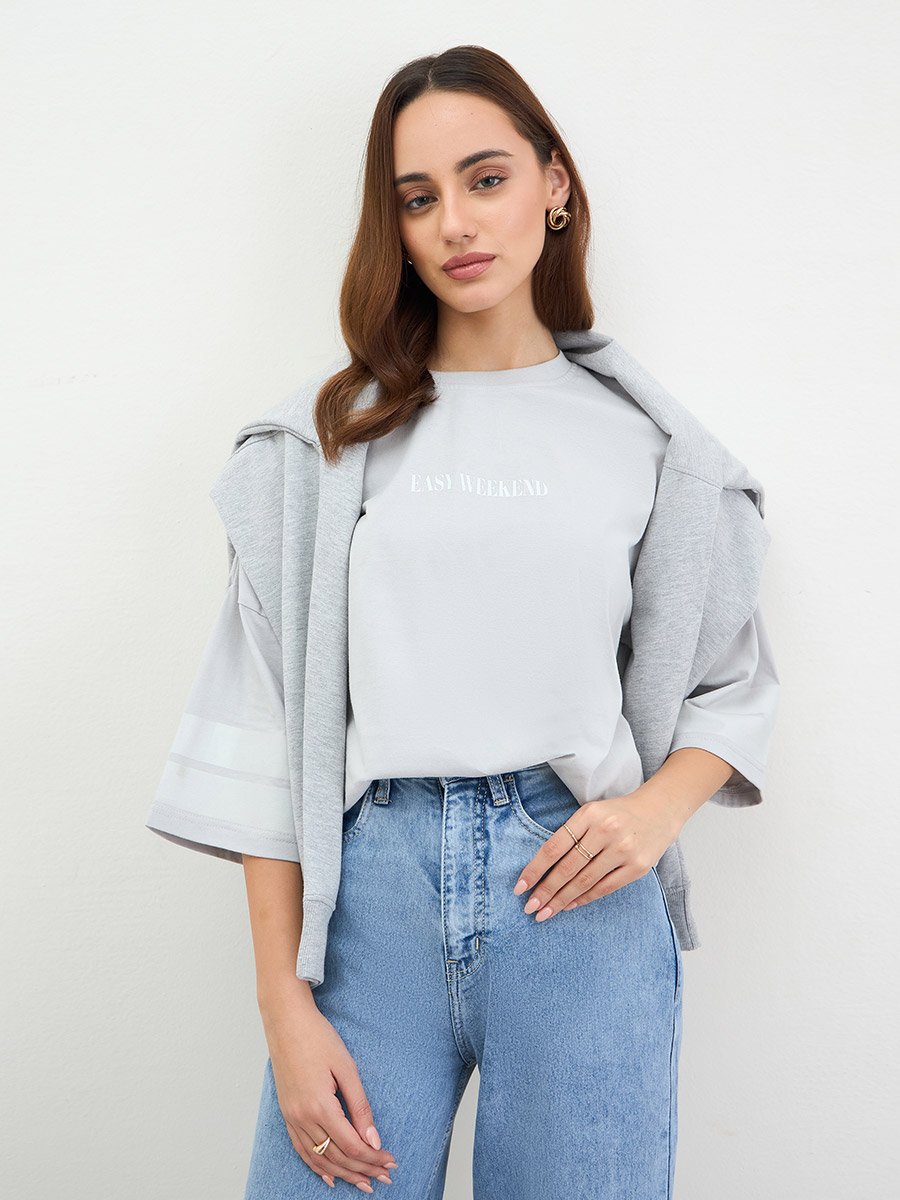 Grey Oversized Slogan Print T-Shirt