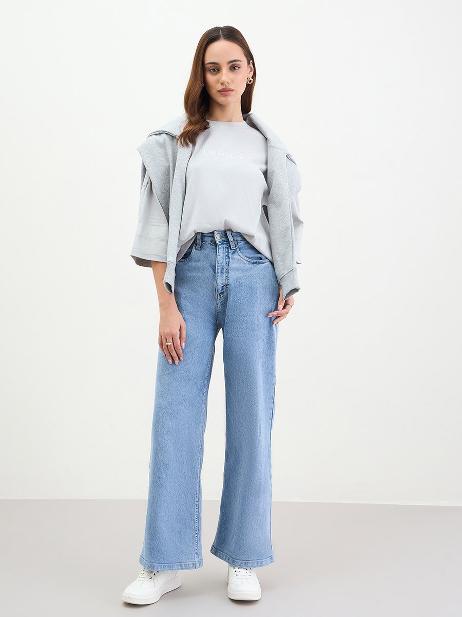 Grey Oversized Slogan Print T-Shirt