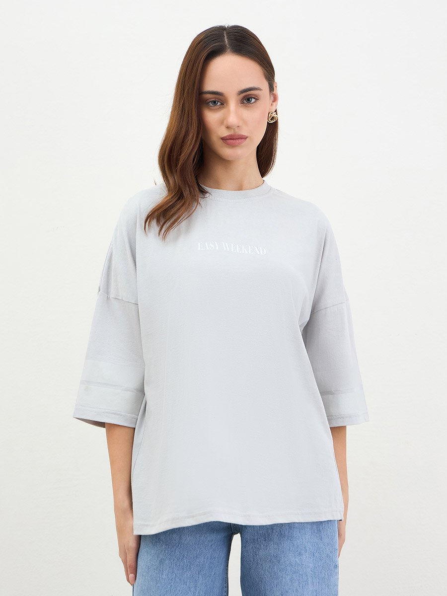 Grey Oversized Slogan Print T-Shirt