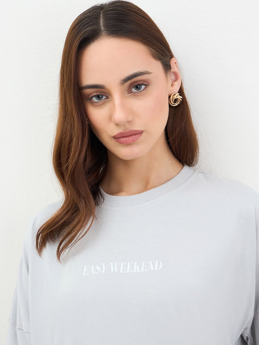 Grey Oversized Slogan Print T-Shirt
