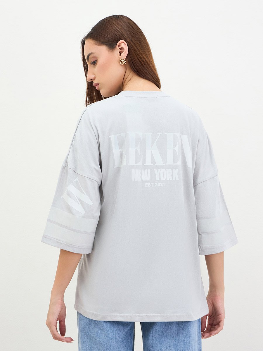 Grey Oversized Slogan Print T-Shirt