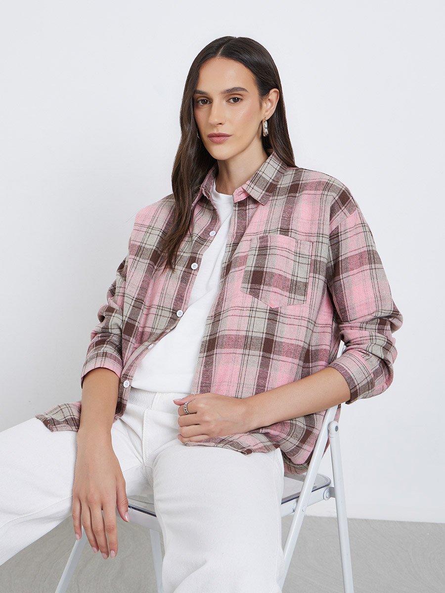 Checked Buttoned Shirt with Chest Pocket For Women at Saudi | Styli