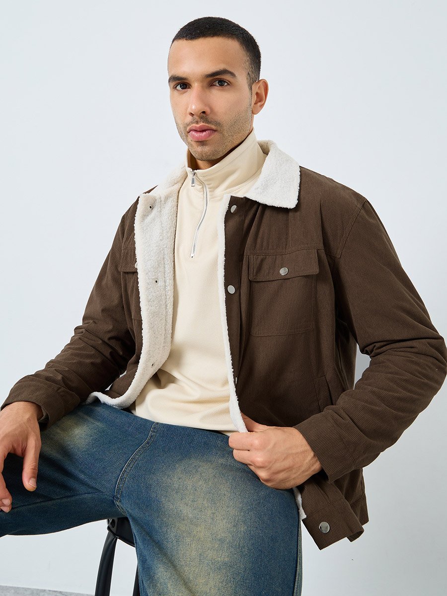 Men Oversized Corduroy Jacket with Faux Fur Lining
