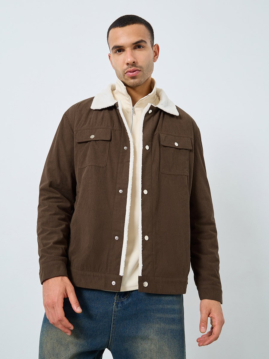Men Oversized Corduroy Jacket with Faux Fur Lining