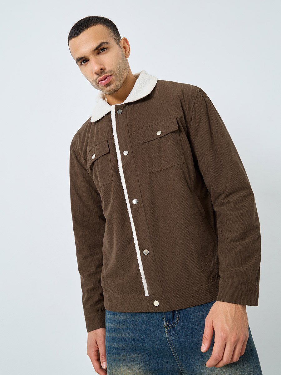 Men Oversized Corduroy Jacket with Faux Fur Lining