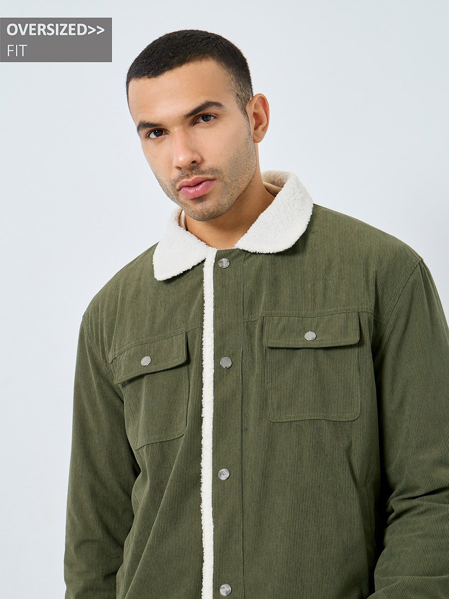 Men Oversized Corduroy Jacket with Faux Fur Lining