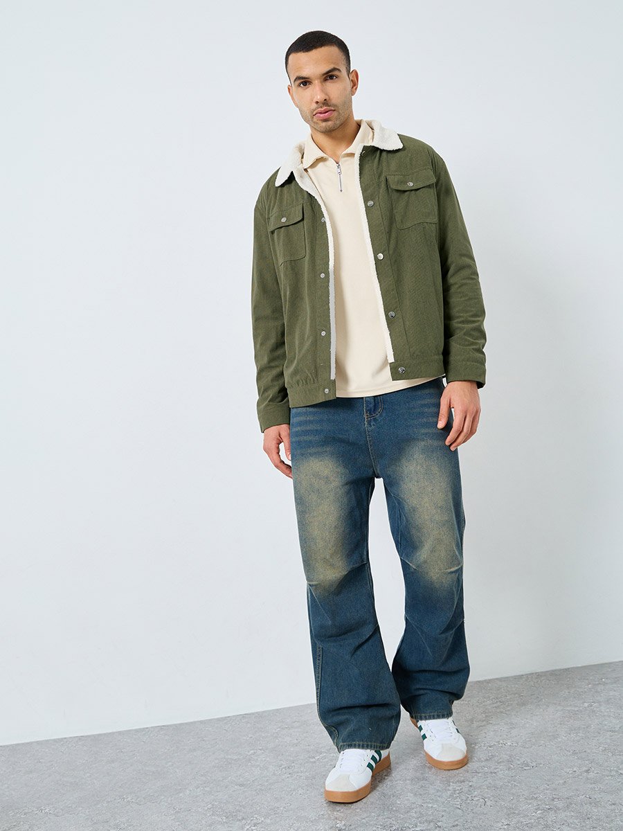 Men Oversized Corduroy Jacket with Faux Fur Lining