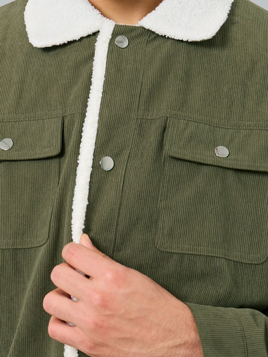 Men Oversized Corduroy Jacket with Faux Fur Lining