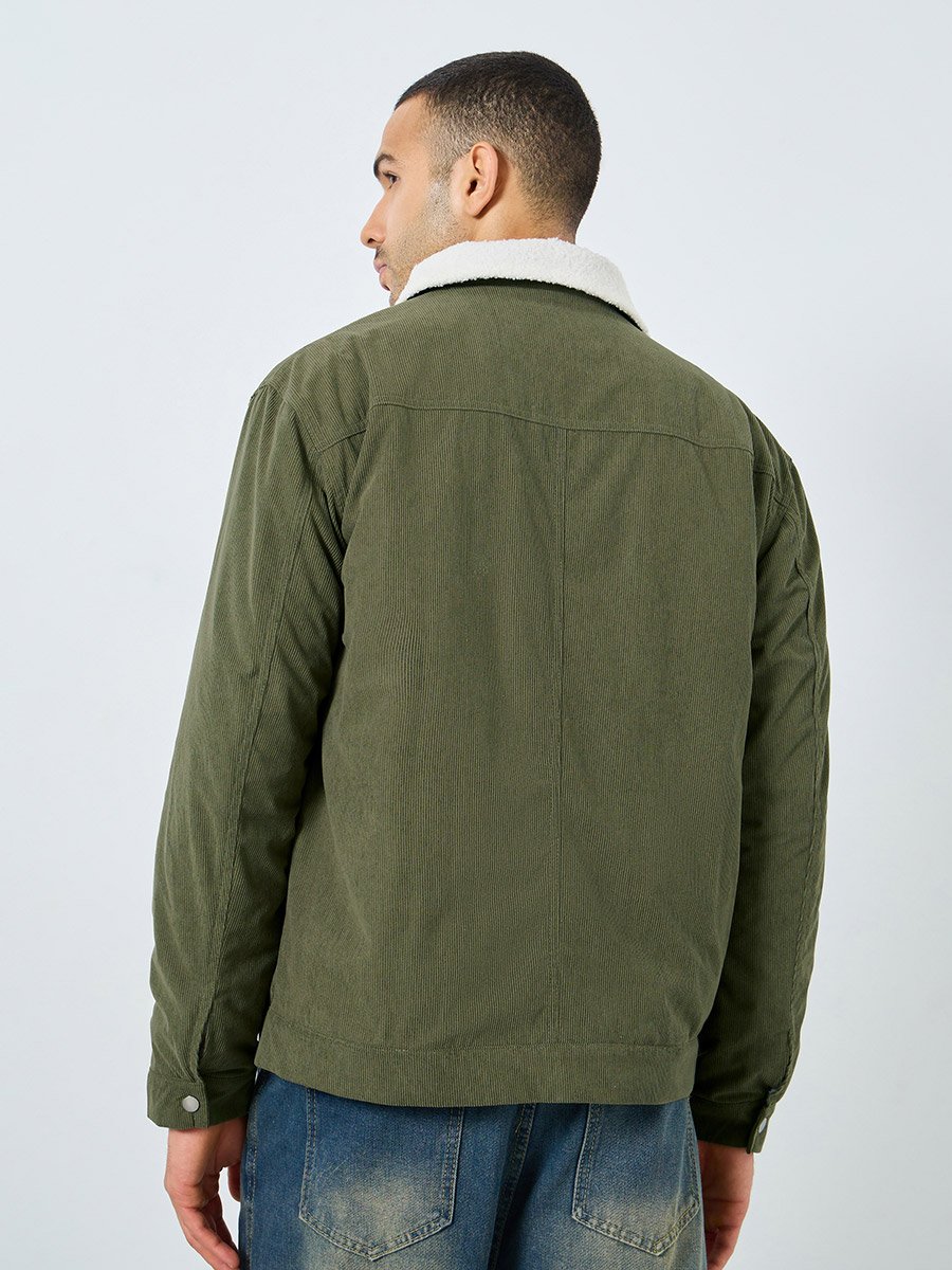 Men Oversized Corduroy Jacket with Faux Fur Lining