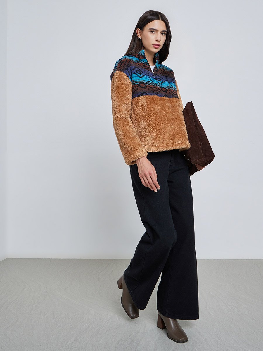 Printed Panel Furry Textured Sweatshirt