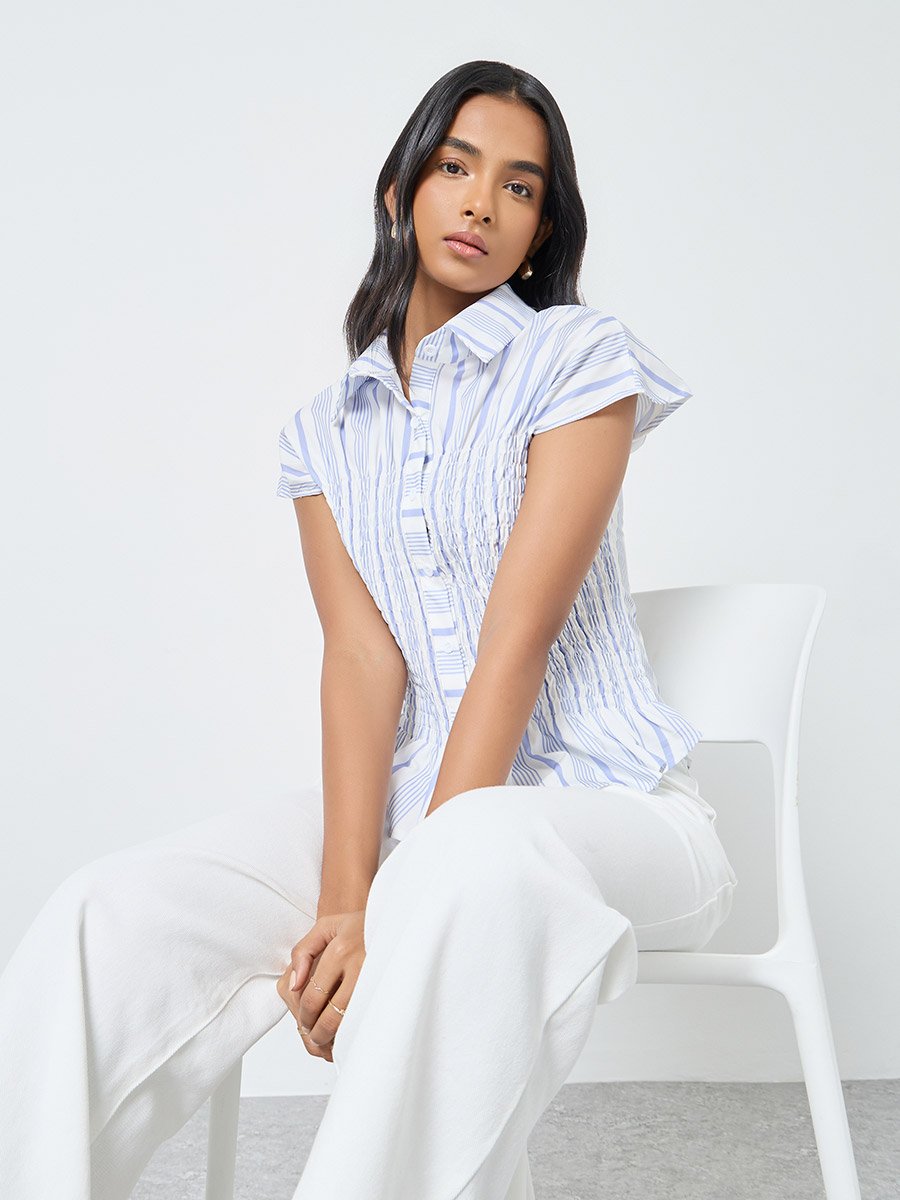 Striped Smocked Detail Buttoned Shirt