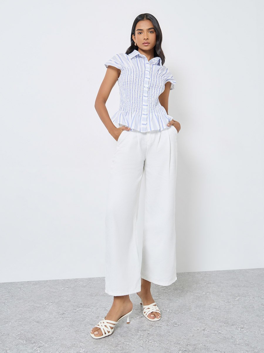 Striped Smocked Detail Buttoned Shirt