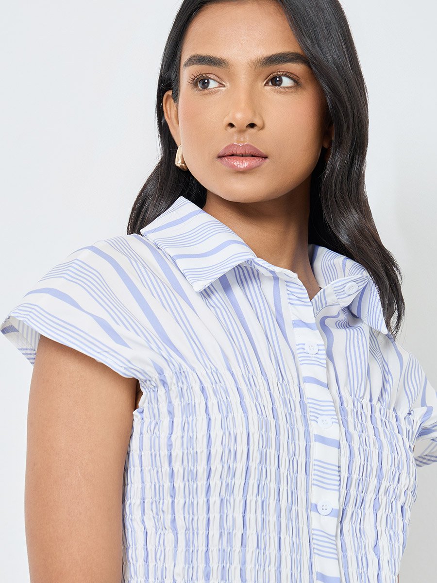 Striped Smocked Detail Buttoned Shirt