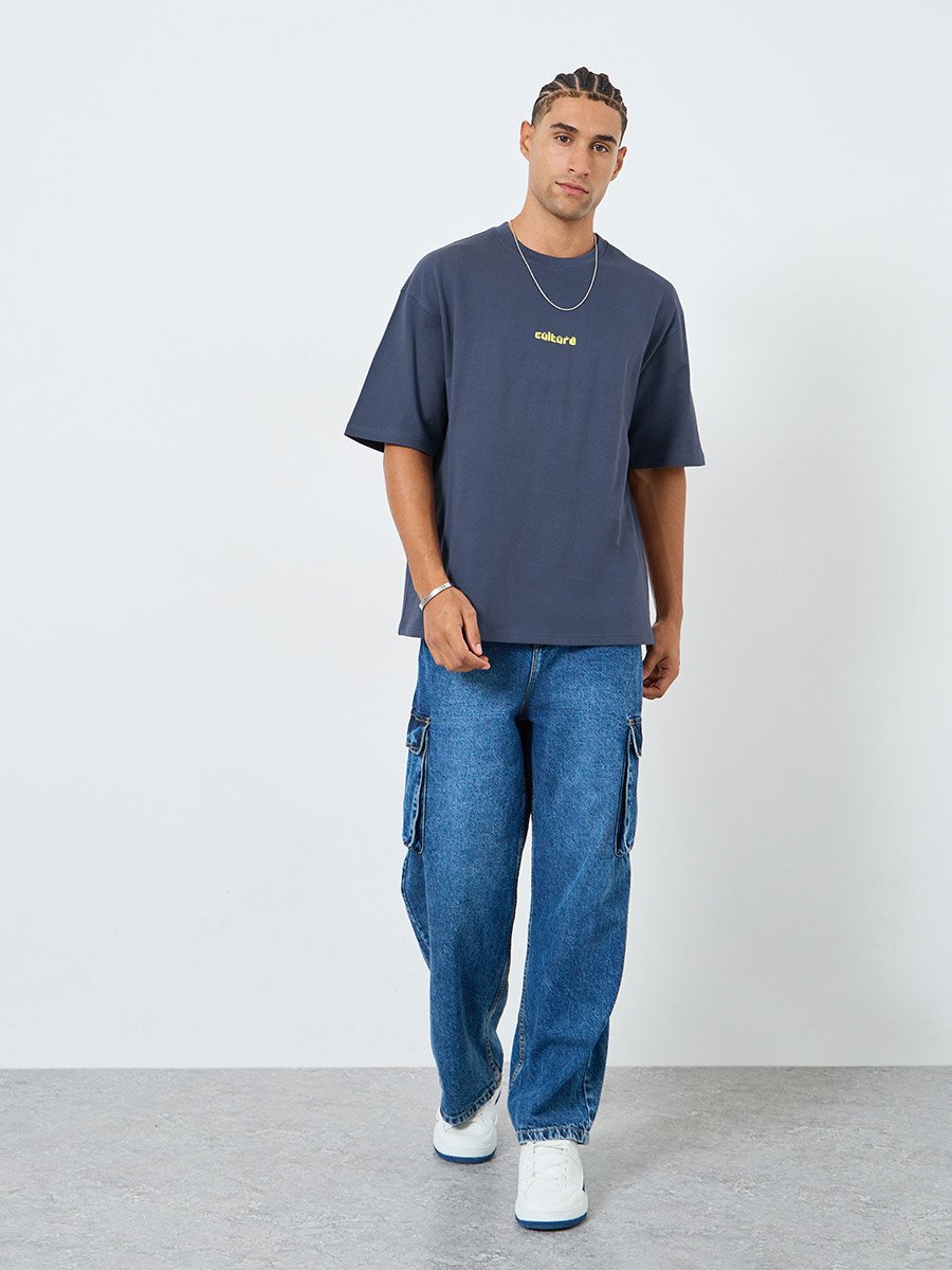 Men Dark Blue Graphic Print Oversized T-Shirt