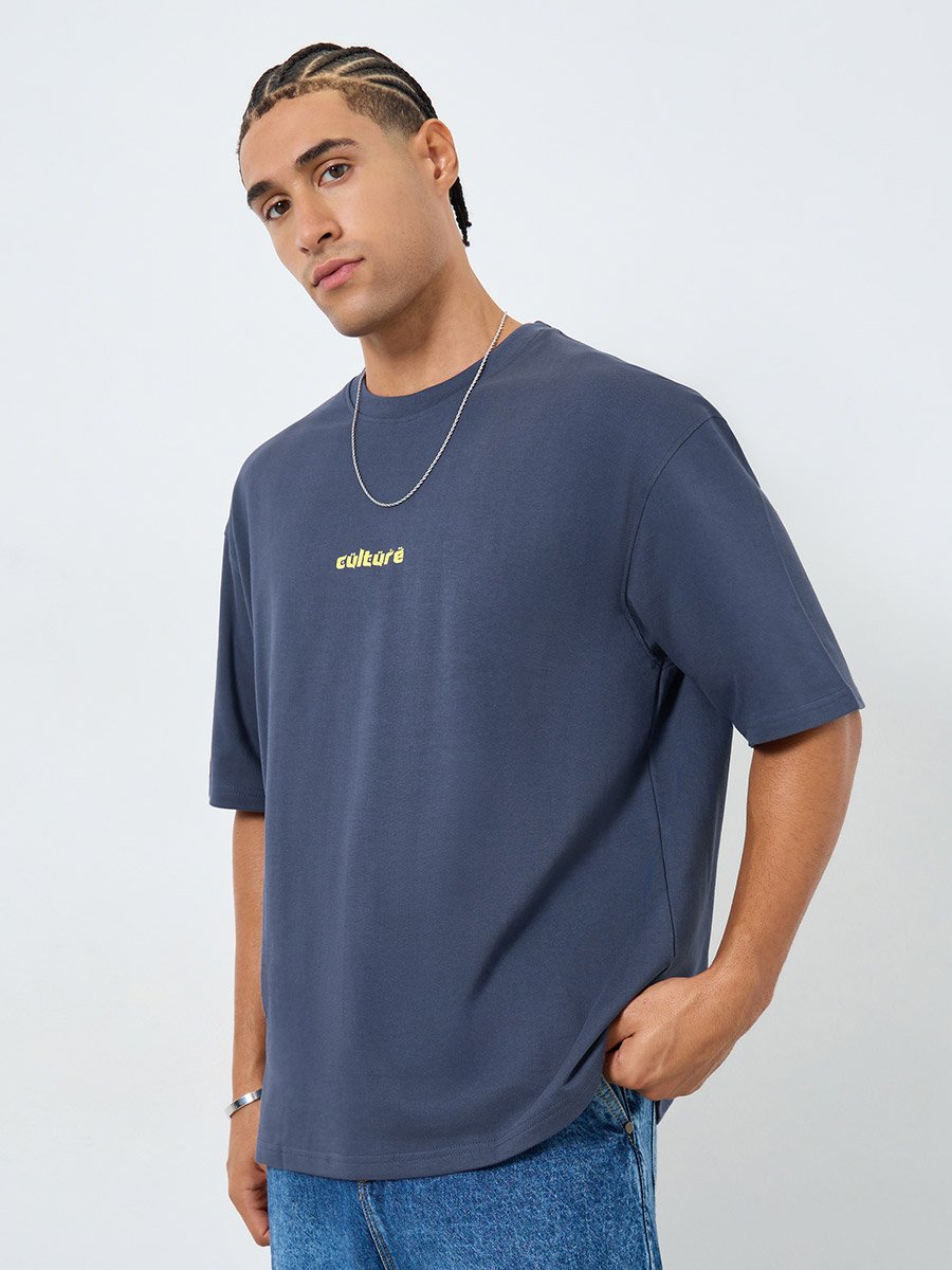 Men Dark Blue Graphic Print Oversized T-Shirt