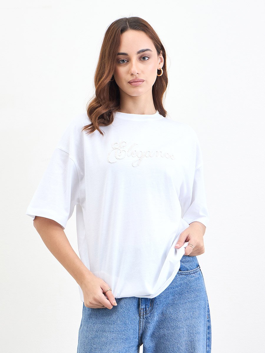 White Beaded Slogan Oversized T-Shirt