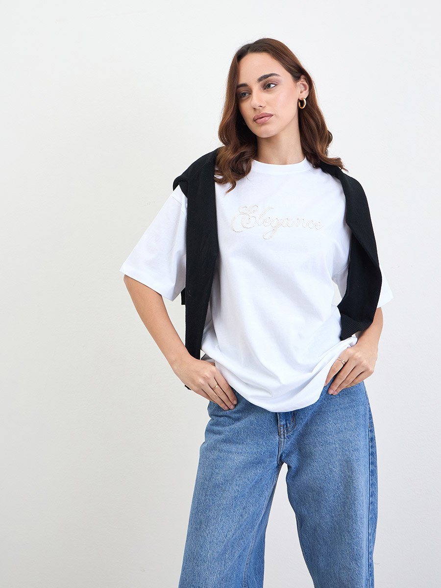 White Beaded Slogan Oversized T-Shirt