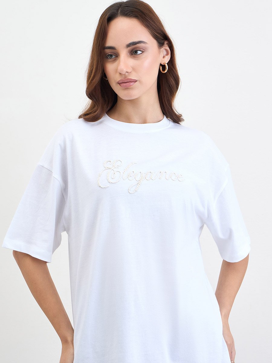 White Beaded Slogan Oversized T-Shirt