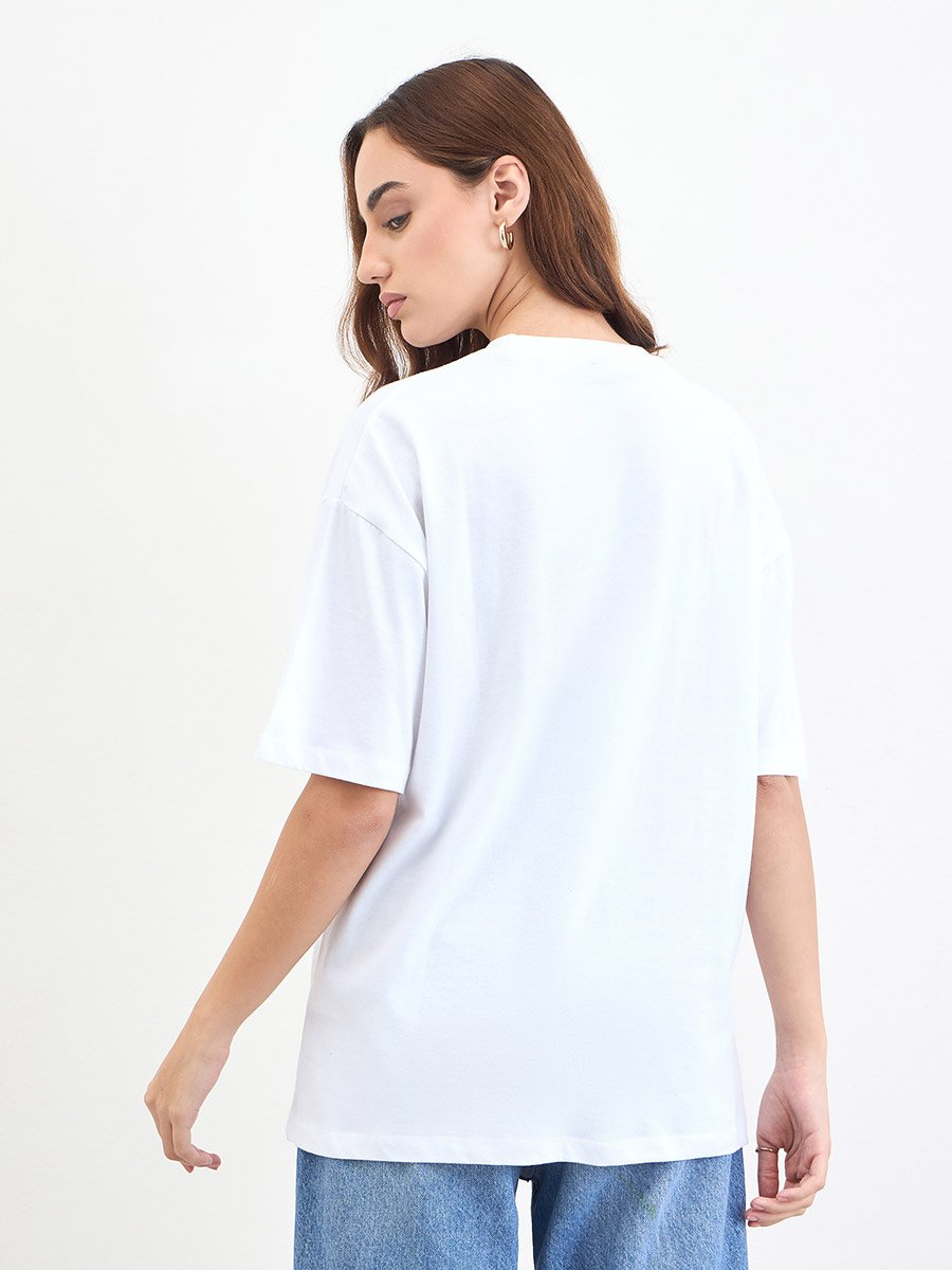 White Beaded Slogan Oversized T-Shirt