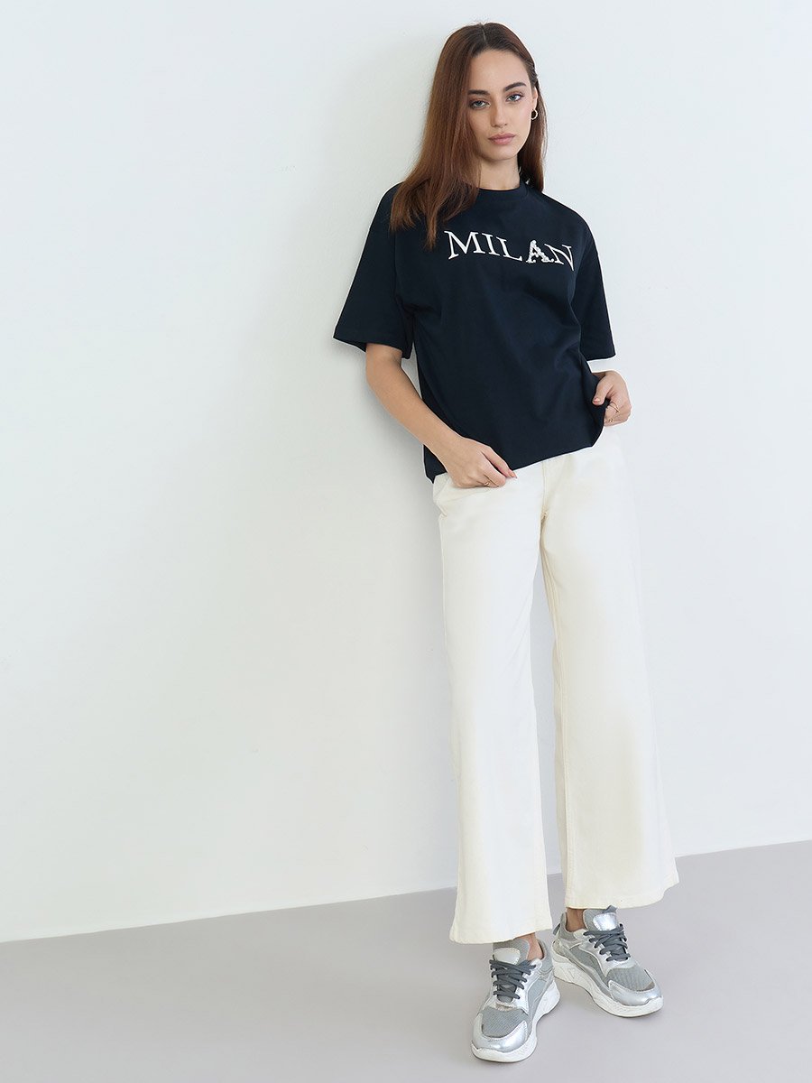 Black Oversized Slogan Print T-Shirt