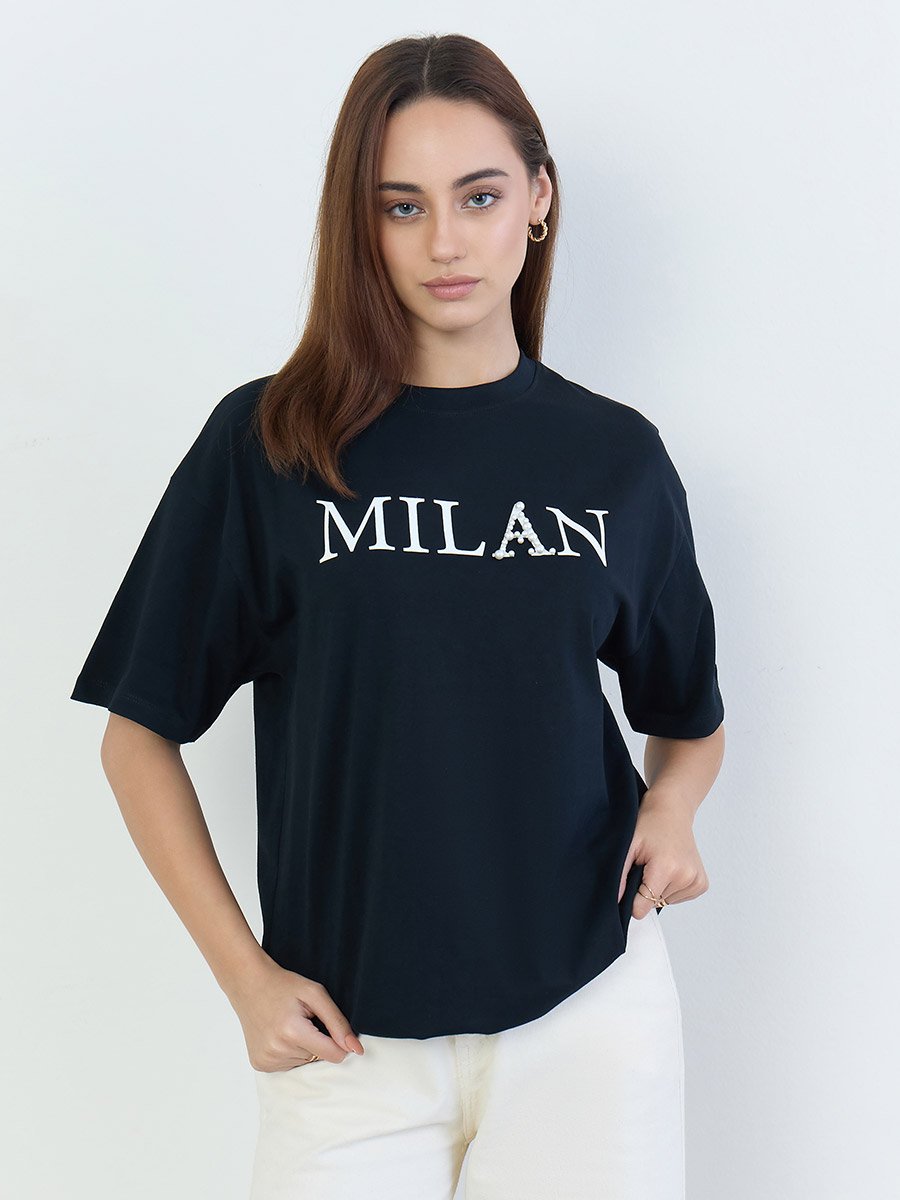 Black Oversized Slogan Print T-Shirt
