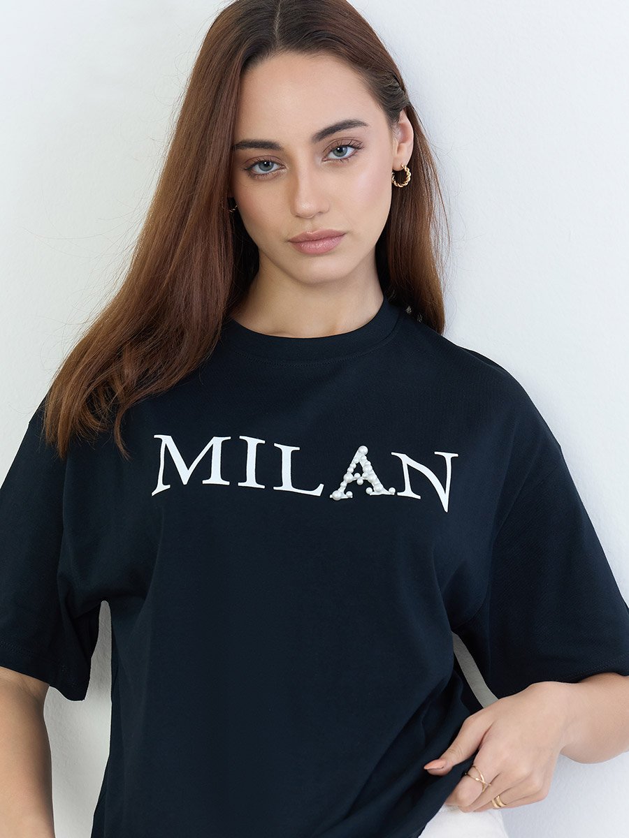 Black Oversized Slogan Print T-Shirt
