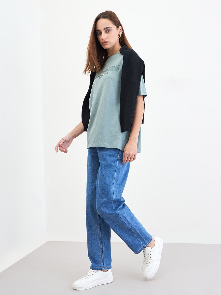 Oversized Green Slogan Print T-Shirt