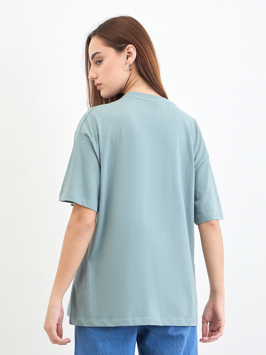 Oversized Green Slogan Print T-Shirt
