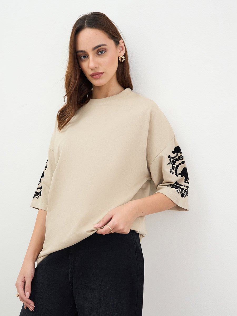 Beige Embroidered Oversized T-Shirt