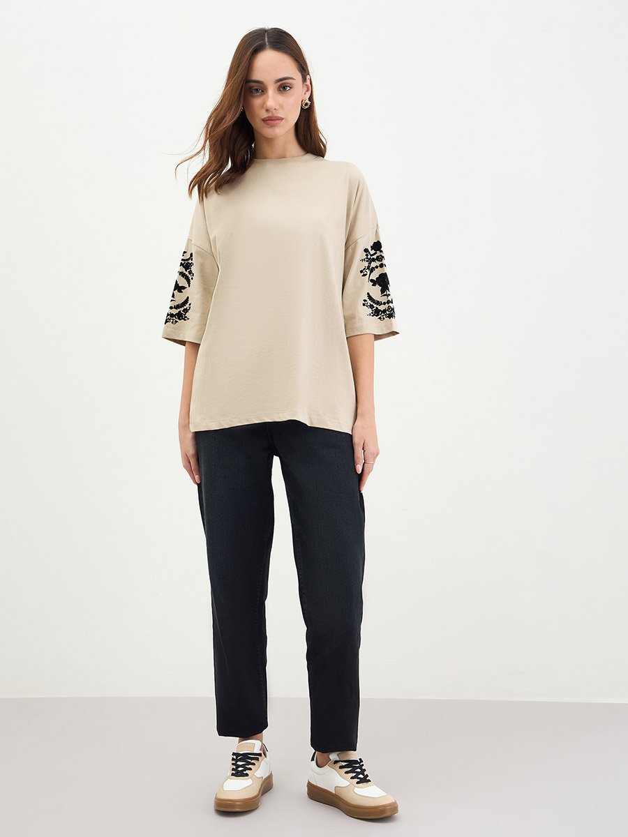 Beige Embroidered Oversized T-Shirt