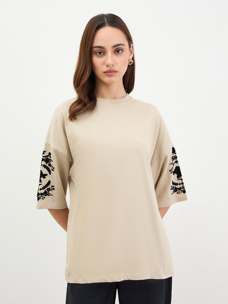 Beige Embroidered Oversized T-Shirt