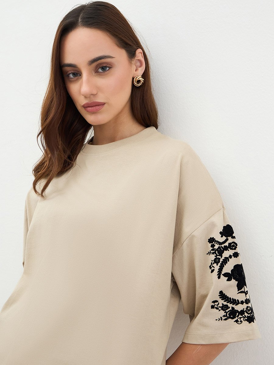 Beige Embroidered Oversized T-Shirt