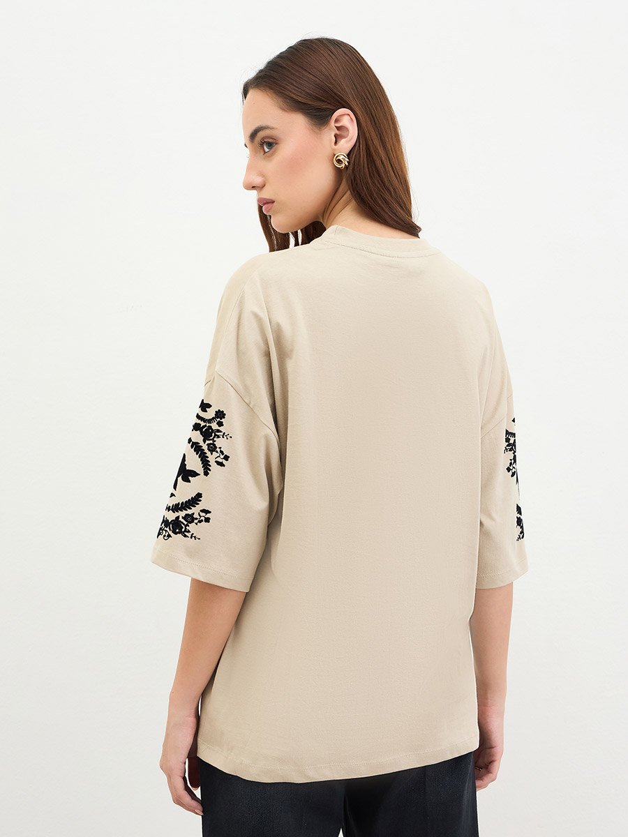 Beige Embroidered Oversized T-Shirt