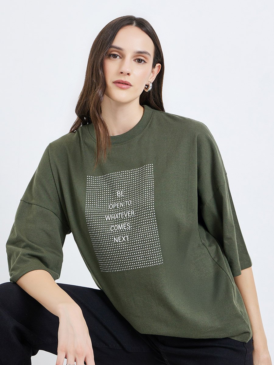 Green Slogan Oversized T-Shirt with 3/4 Sleeves