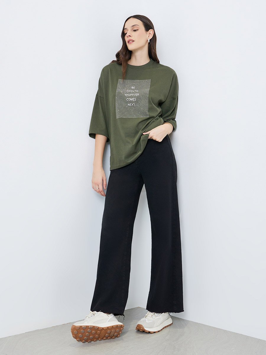 Green Slogan Oversized T-Shirt with 3/4 Sleeves