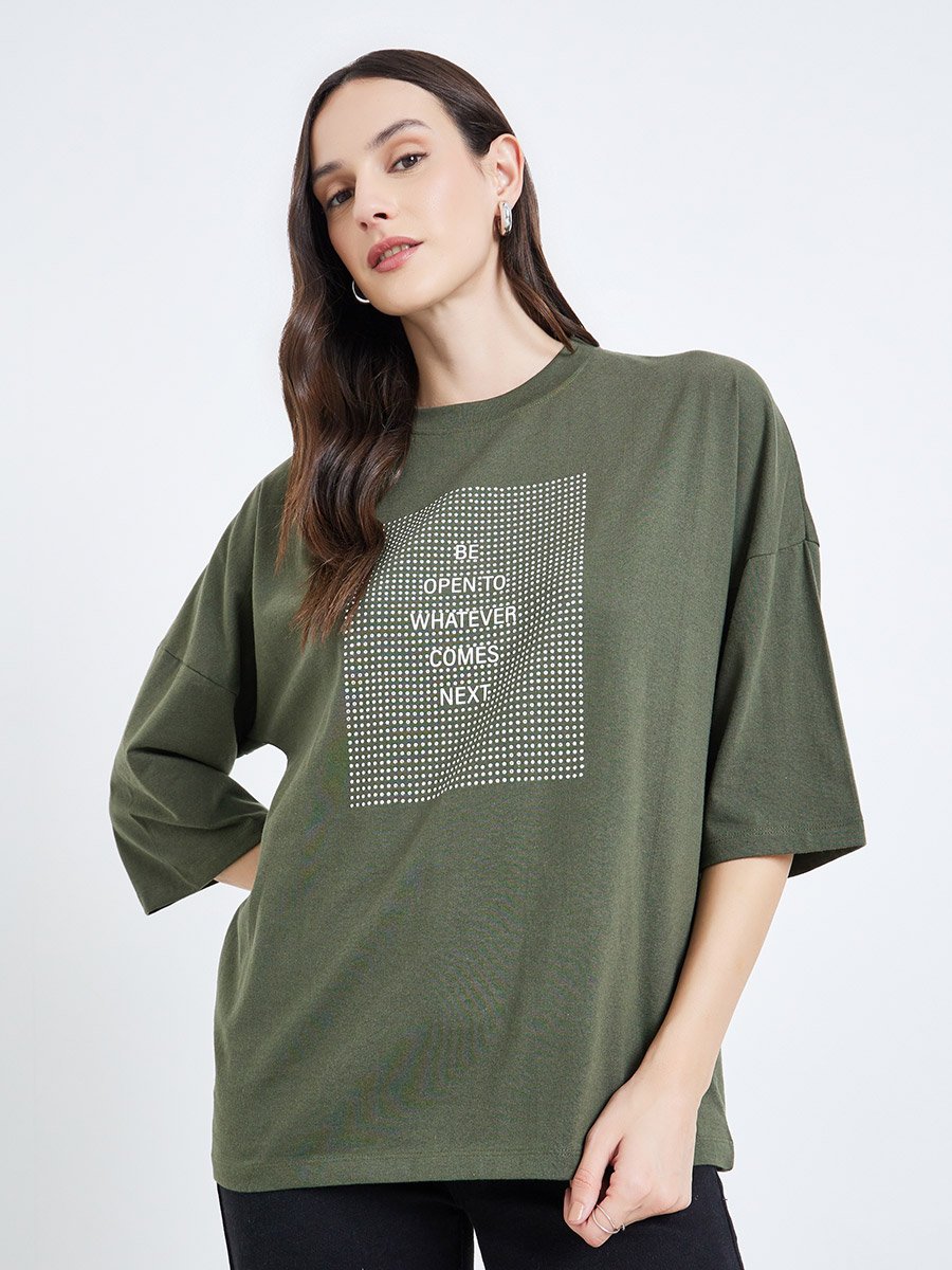 Green Slogan Oversized T-Shirt with 3/4 Sleeves