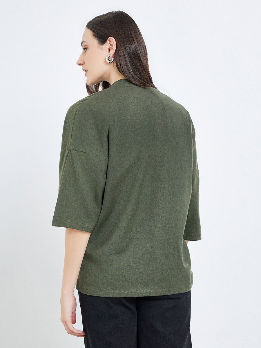 Green Slogan Oversized T-Shirt with 3/4 Sleeves