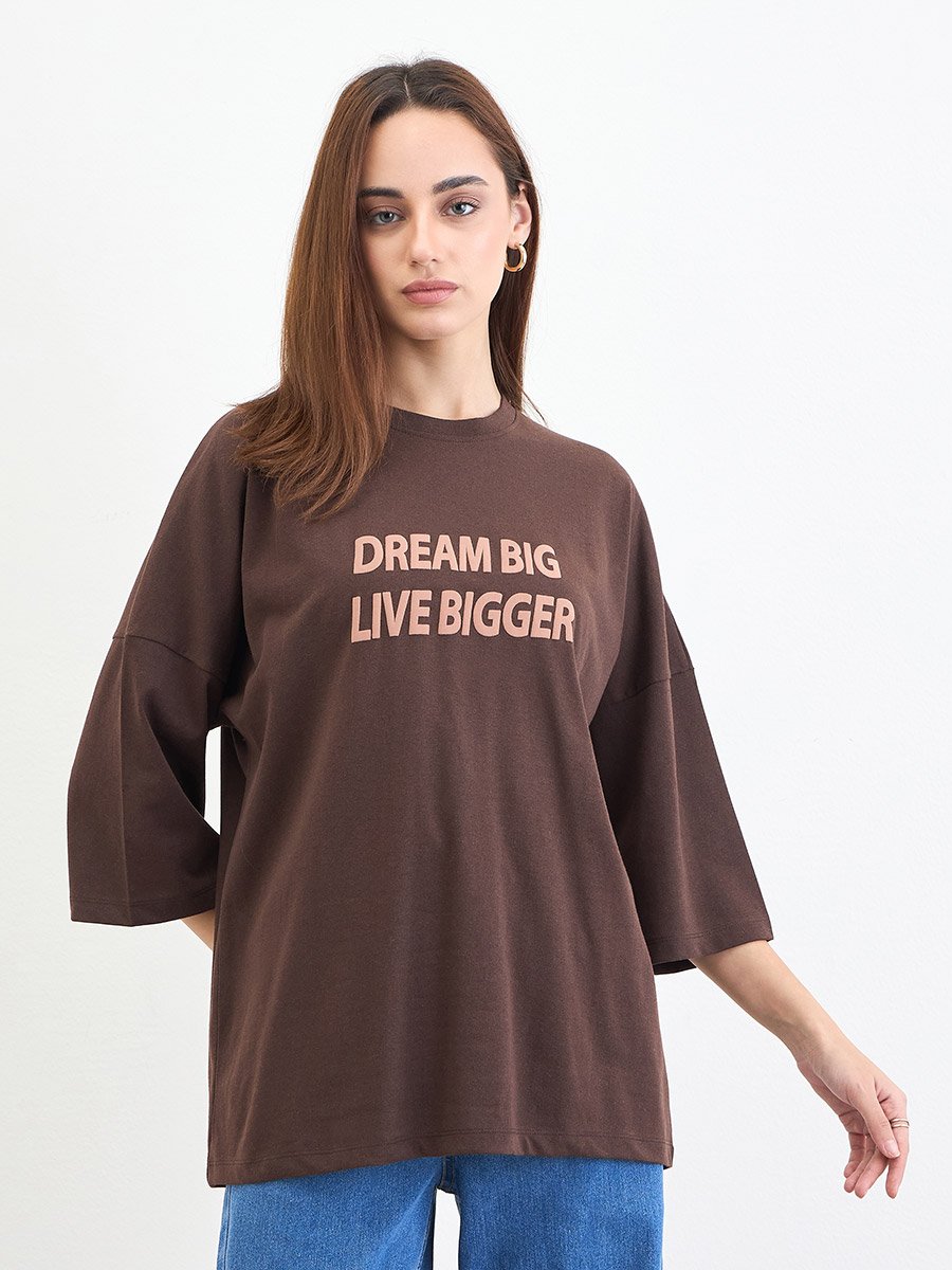 Brown Slogan Embossed Oversized T-Shirt