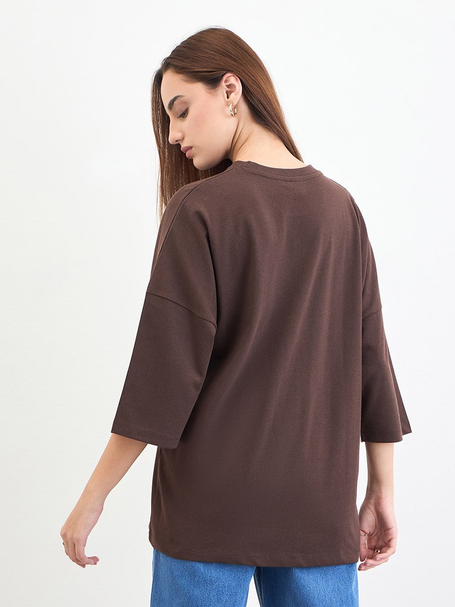 Brown Slogan Embossed Oversized T-Shirt